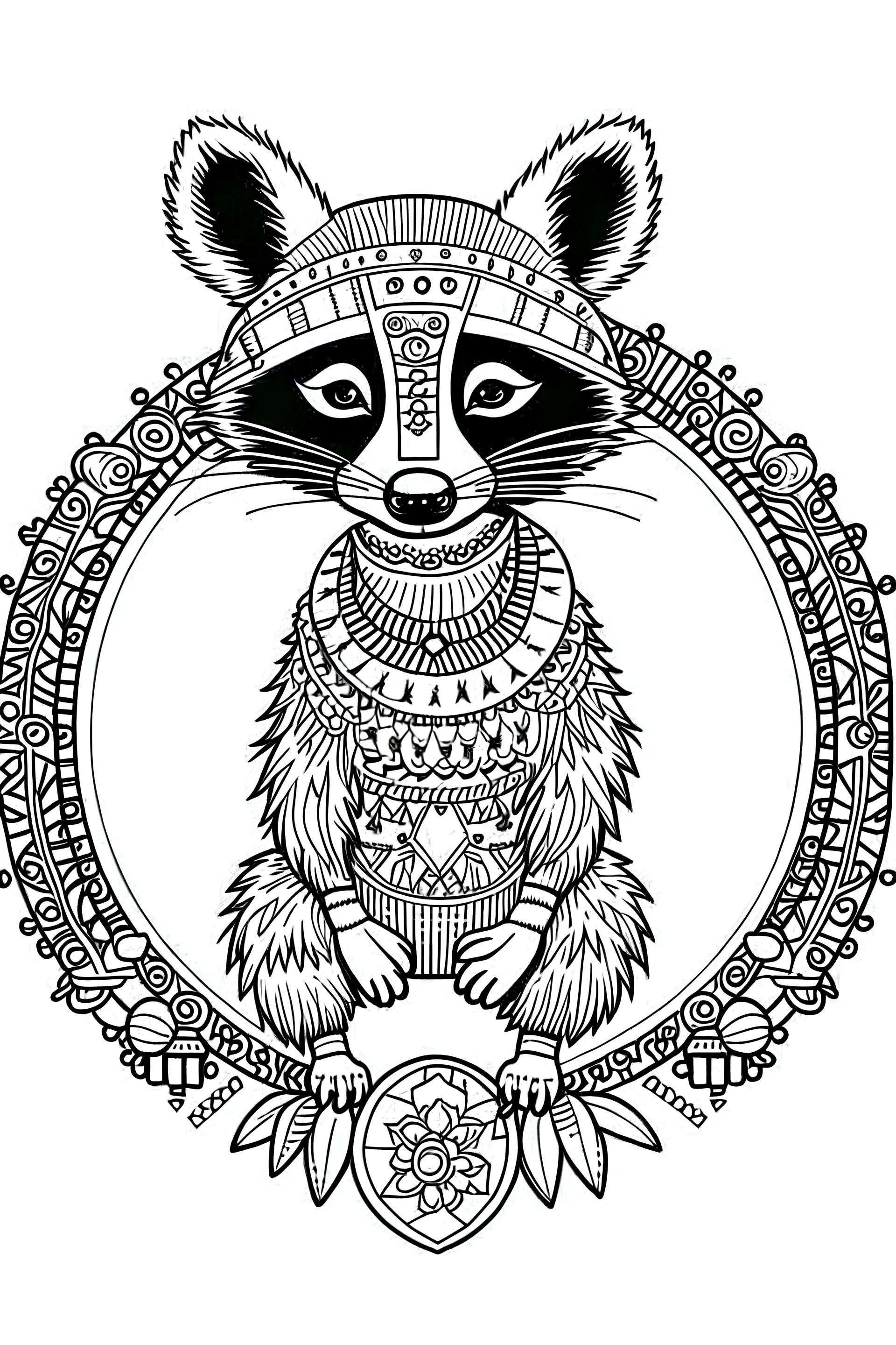 Outline art for Raccoon Mandala, White background, Sketch Style, full Body, Only use outline, Mandala style, clean line art, White background, no shadows, and clear and well outlined