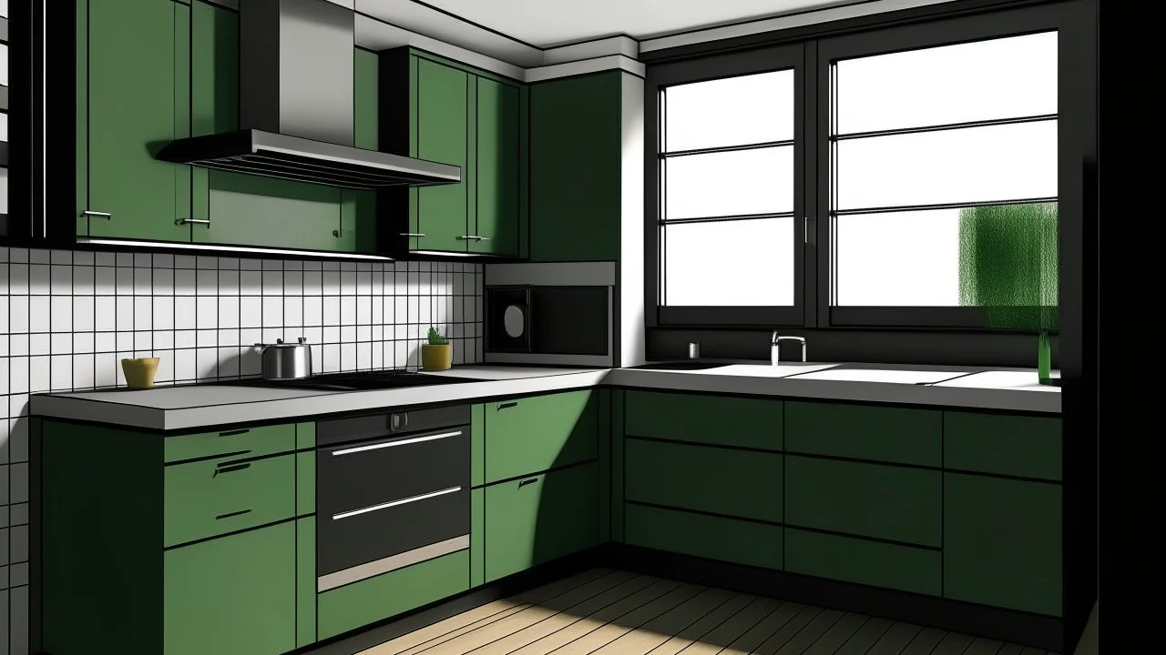 kitchen with celadon and dark green furniture, on the left side by the window from the bottom up, a microwave and an oven installed in the furniture, and on the right side and next to it an induction hob and a cooker hood above it, on the right side there is a sink and a dishwasher underneath it