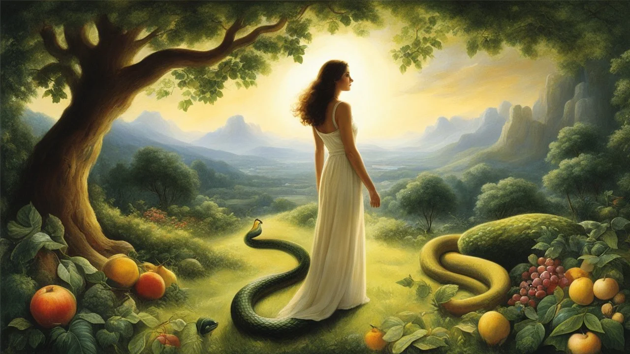 God, it is the beginning of the world. The Beginning of the Genesis: Adam and Even have been created few days ago, you warned them about not eating the fruits of the tree in the midst of the garden. But the snake spoke to Eve, she listened to the snake and now she is there, in front of the tree in the midst of the garden, the apple in her hand, about to bite in it.