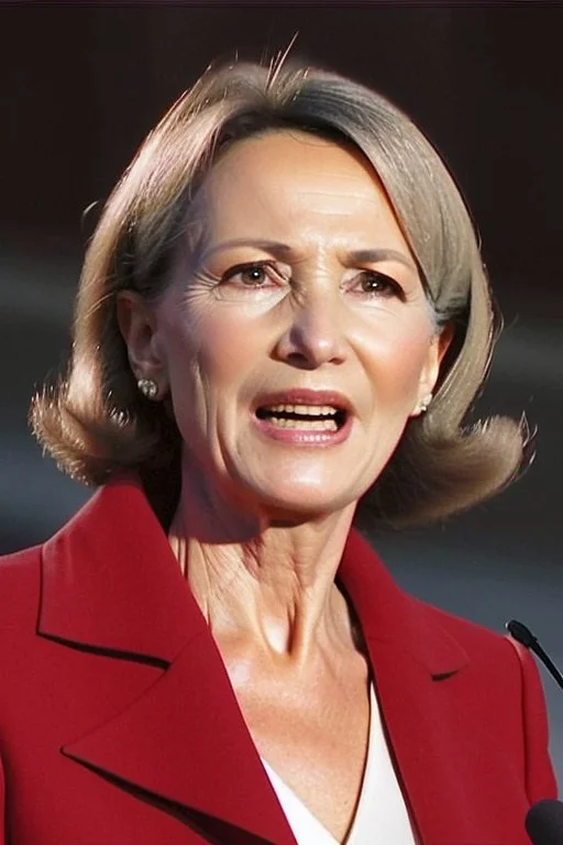 A preety woman in her early 50s having a presidential speech in front of a huge building