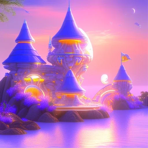 landscape of summer tropical ambient beutiful castle white gold and neon lights bright and colorful bright gloss effect of a futuristic house,like spaceship, natural round shapes concept, large transparent view of the open outdoor garden,sea beach at sunset, gold crystals,with light pink, flowers of Lotus, beutiful pools, light of sun , palmiers,cerisiers en fleurs, wisteria, sun , stars, small waterfalls