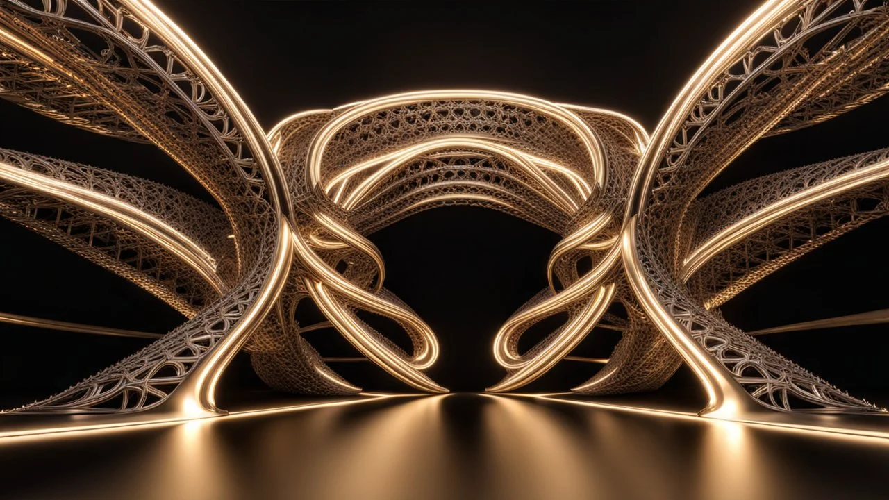 a 3D recursive stage structure made of metallic 3d fractal like stuctures, dynamic lights,16 by 9