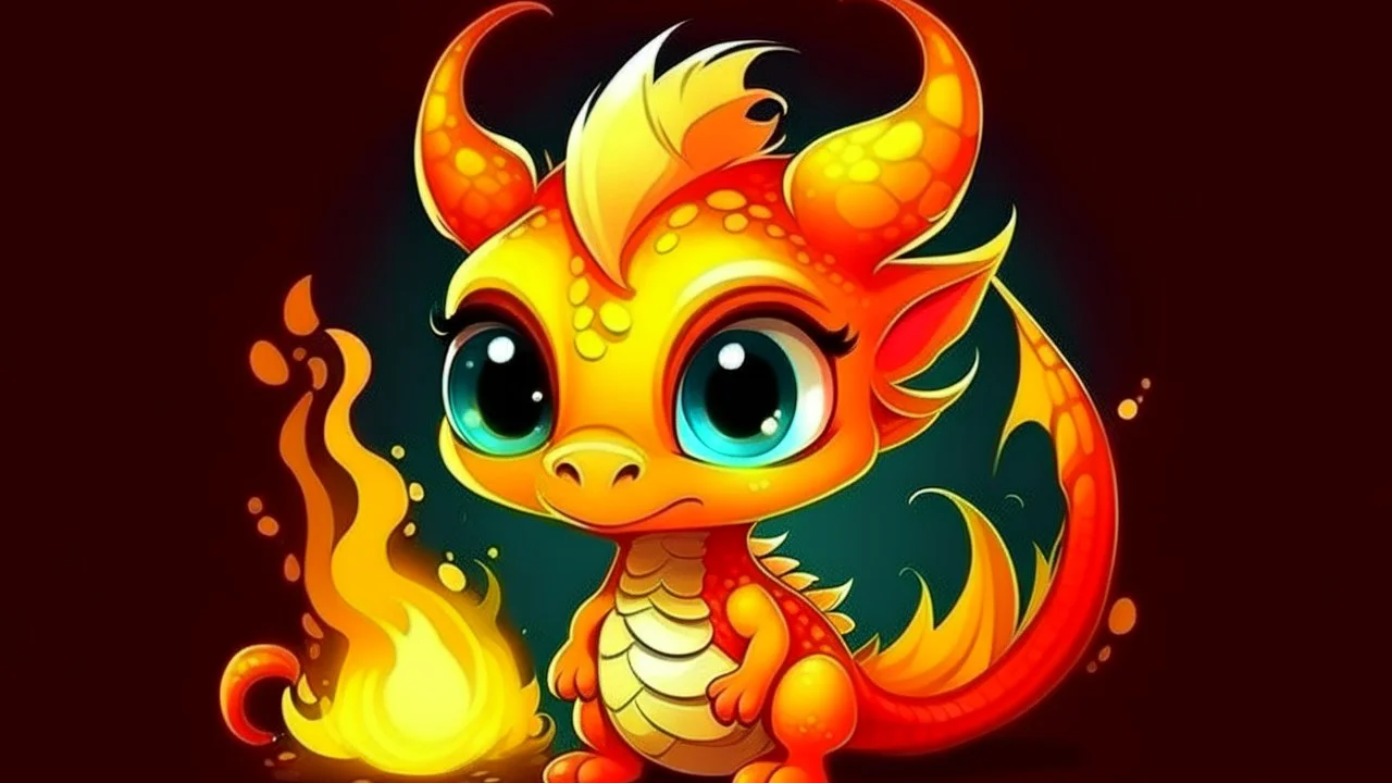 cartoon illustration: a cute little fire dragon with big shiny eyes. The dragon has big wings.