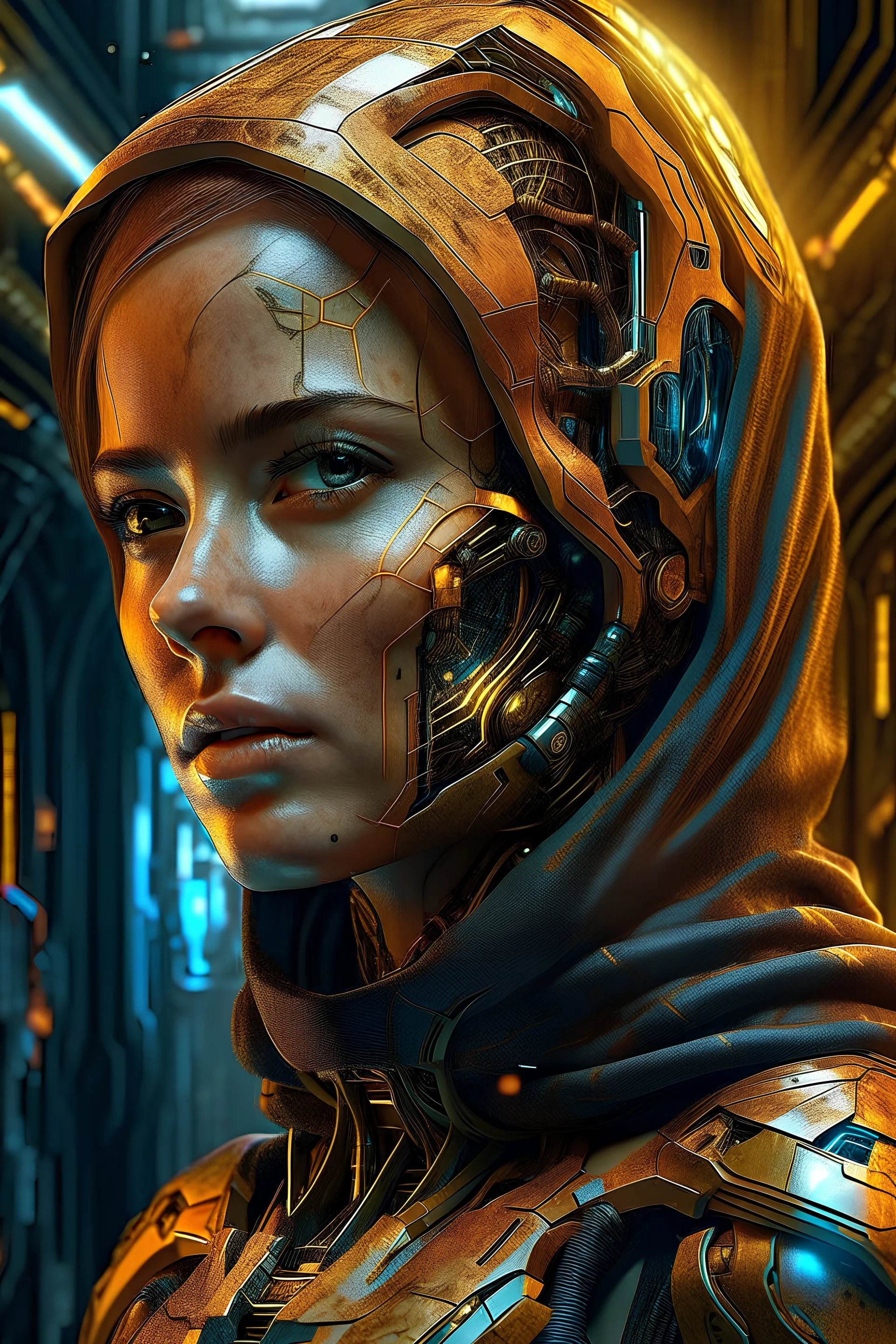 Fhoto reality, angle wide Raw, terminator captain Marvel in cyberpunk hijaber, Warhol, digital art, illustration, intricate details, powerful composition, captivating, , trending on artstation, sharp focus, studio photo, intricate details, highly detailed, by addie_digi