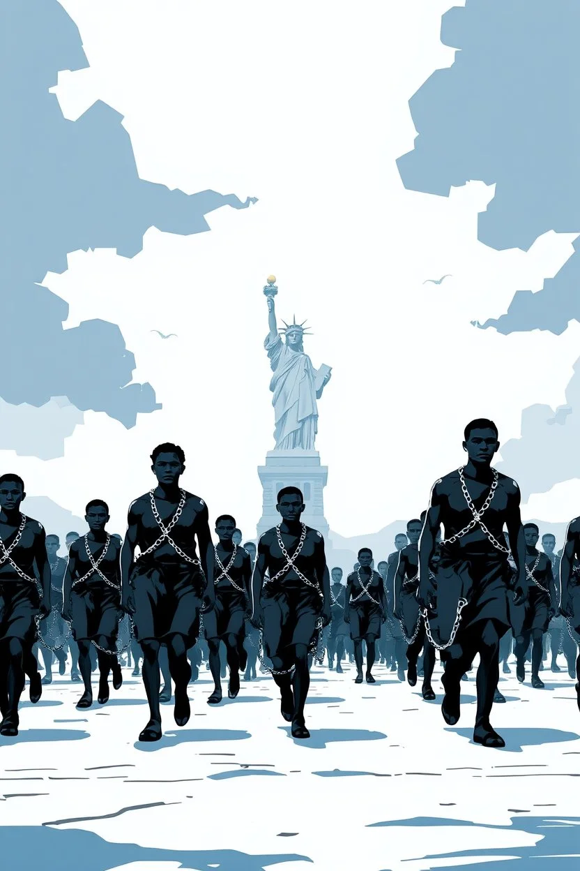 "A conceptual black-and- blue, digital illustration of a massive black African slaves with chains walking in the same direction, , symbolizing conformity. Statue of Liberty in the background, The atmosphere feels lifeless and repetitive, emphasizing the ordinary mindset of the majority."