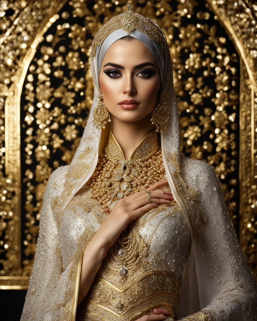 Realistic photography,front view, Beautiful Islamic Iranian super model Iranian Hijab Woman,dressing luxury party gown,looking at viewer,traditional dress ornaments diamonds shapire Luxury gown Persian traditional, intricate, delicate golden shine bright, black metalic parts, detailed part, jewelry diamonds,dynamic pose,luxury golden background, dynamic lighting, red hour,half body portrait,luxury background