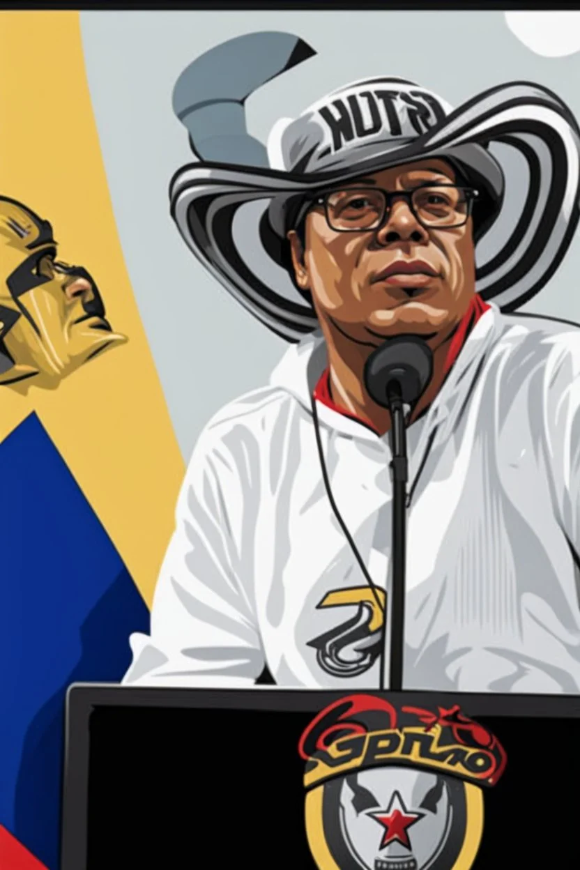 Ilustración vectorial de Gustavo Petro con gorra deportiva camisa colores negro, blanco y rojo, fondo negro