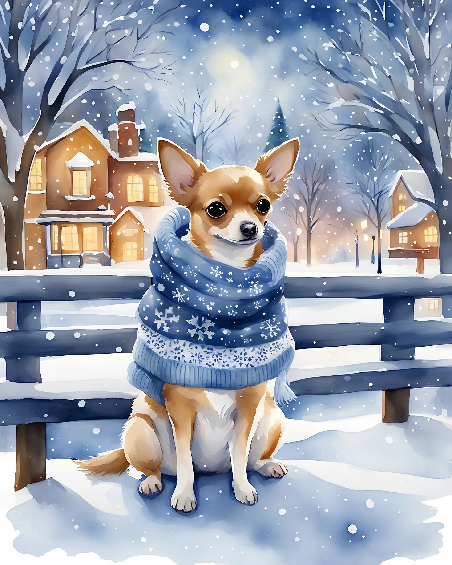 A charming watercolor painting of a Chihuahua sitting on a park bench, nestled amidst a winter wonderland. The adorable pet dons a cozy scarf and a cute beanie hat with ear flaps, creating a whimsical appearance. Snowflakes gently fall, blanketing the scene in a soft white layer, while the distant trees and buildings are outlined in a crisp winter blue. The overall atmosphere of the painting is warm and inviting, capturing the essence of a cozy winter day.