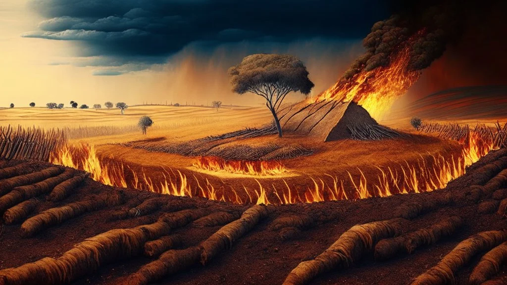 neolithic landscape with agriculture fire on plantation