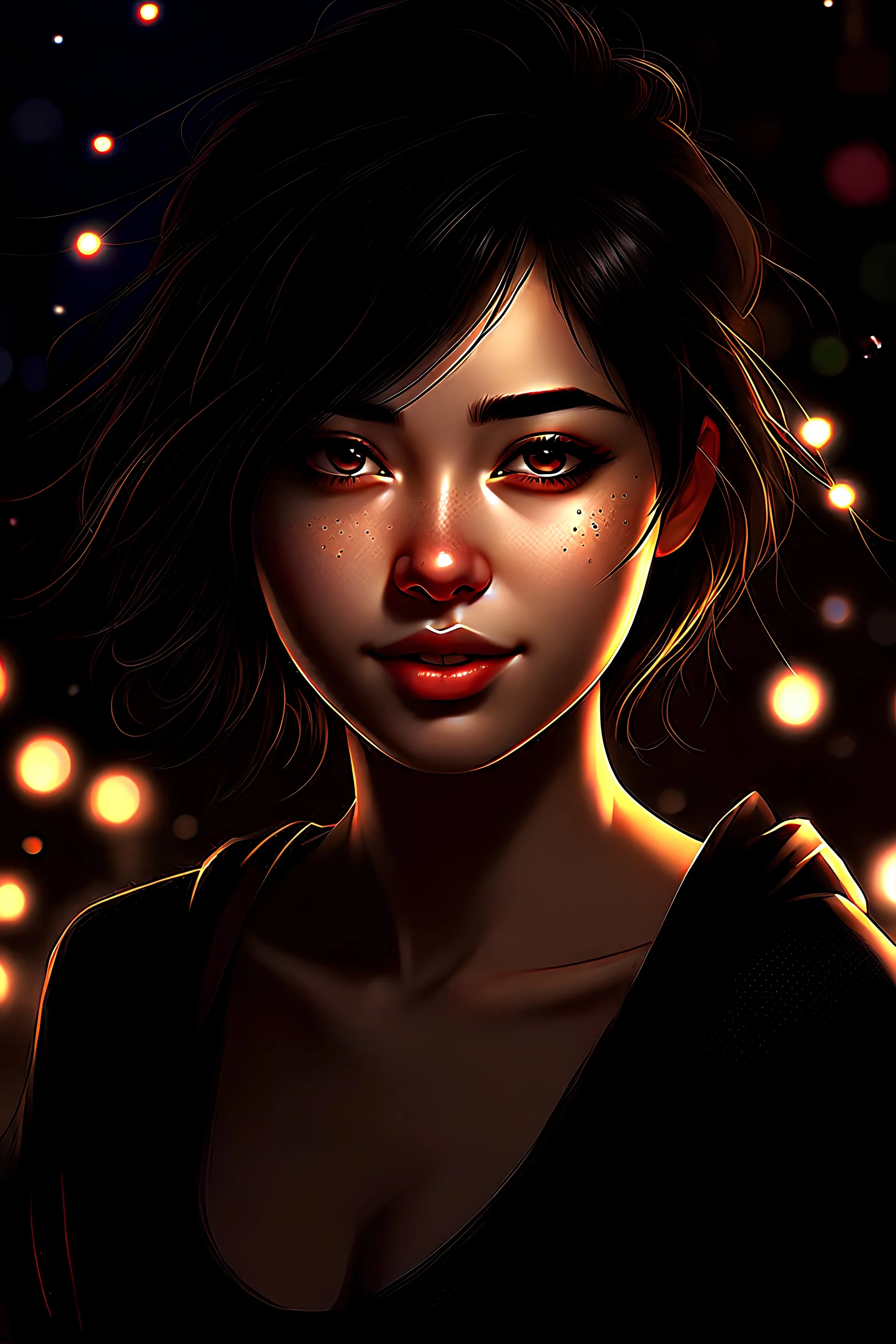 Digital art, high quality, digital masterpiece, natural illumination, spotlight, night illumination, realistic, (full body:3), (1 young boy:1.5), (Femenine face:1.5), (Pretty eyes:1.2), Sexy eyelashes, Black eyelashes, (Dark Brown hair:1.5), (subtlety smiling:1), (Cat ears:2), (Olive skin:1.5), (Sitting:1.5), (City at night:2)