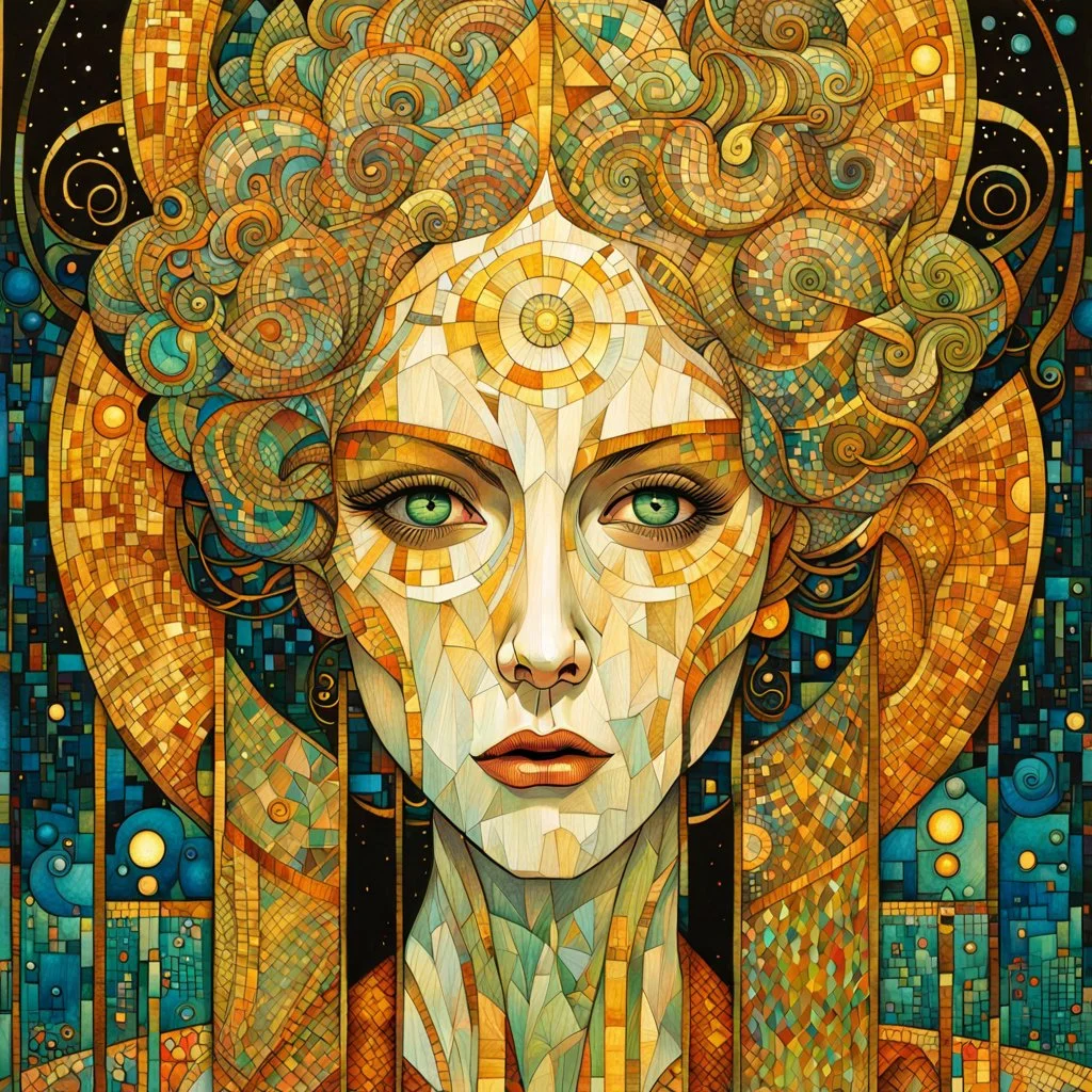 create an abstract, cubist, highly ethereal, darkly magical illustration of a deeply sorrowful sorceress with highly detailed and deeply cut facial features, in the style of GUSTAV KLIMT, EDWARD BURNE-JONES, WILLIAM MORRIS, and KATHE KOLLWITZ combined with the comic art style of BILL SIENKIEWICZ and JEAN GIRAUD MOEBIUS, searing lines and forceful strokes, precisely drawn, inked, and darkly colored