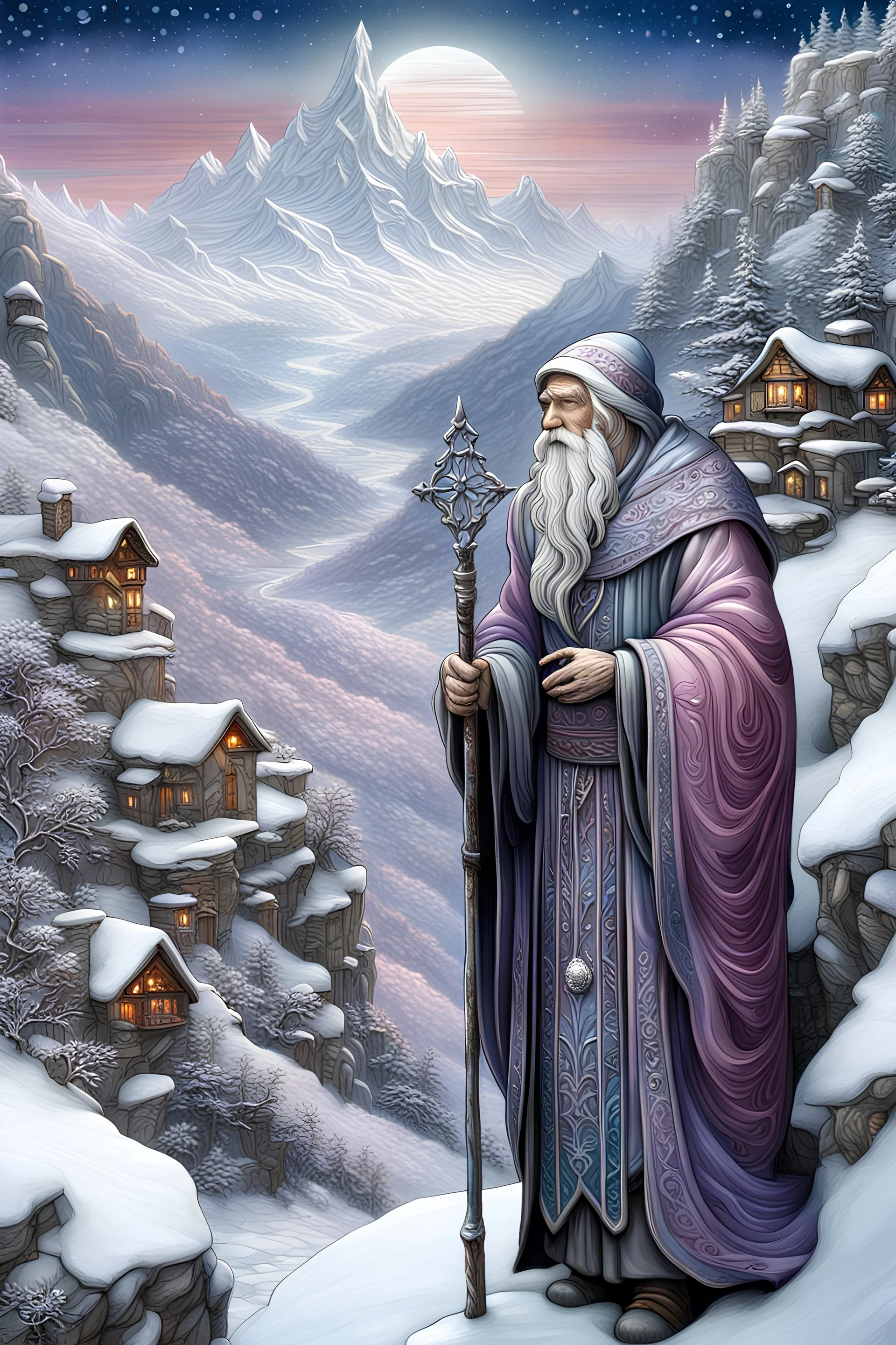 3D embossed textured ethereal image; bleak, dismal style, winter hues, white, ice-blue, purple, peach, pink, silver, grey; hermit with a highly detailed, wizened old face and an ornate staff stands on a steep, snowy cliff gazing across a cold valley at a faraway village; stained glass, agate with silver foil highlights, snowflakes, sparkles, full moon, nebula sky, pearls, skulls, sequins, cut gemstones, beads, glitter, bats, sharp, smooth, extreme attention to detail