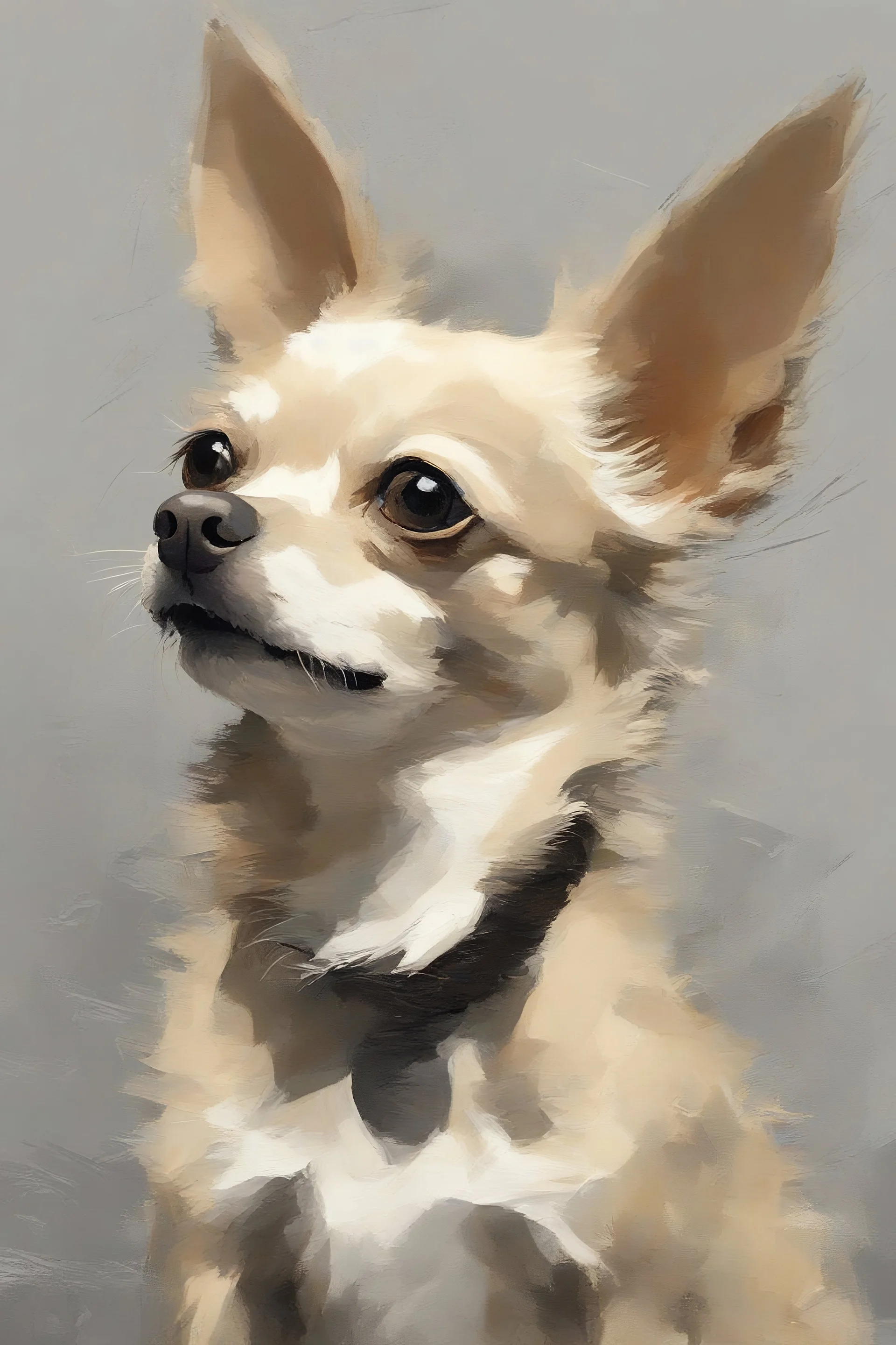 This image is a striking painting of a chihuahua The dog is facing forward with a slightly tilted head, giving it a curious and endearing expression. Its fur is rendered with expressive, textured impasto brushstrokes in earthy tones—creamy whites, browns, and hints of gray—that create a sense of depth and movement. The background is a soft, muted gray, which contrasts beautifully with the warm tones of the dog and helps it stand out as the focal point. The overall style blends realism with impre