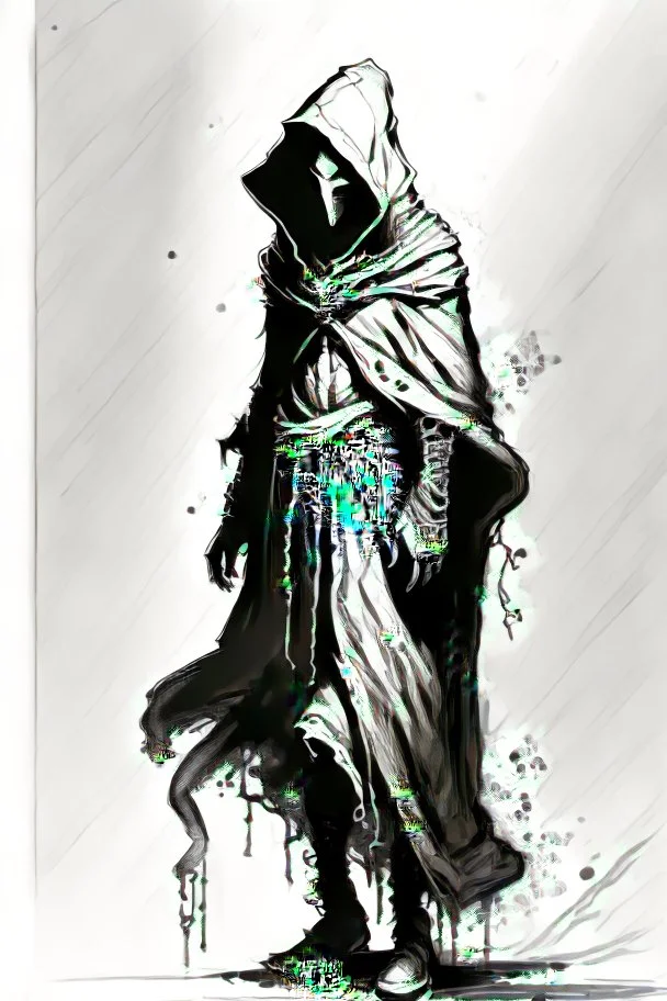 Hooded figure black and white ttrpg sketch art full body