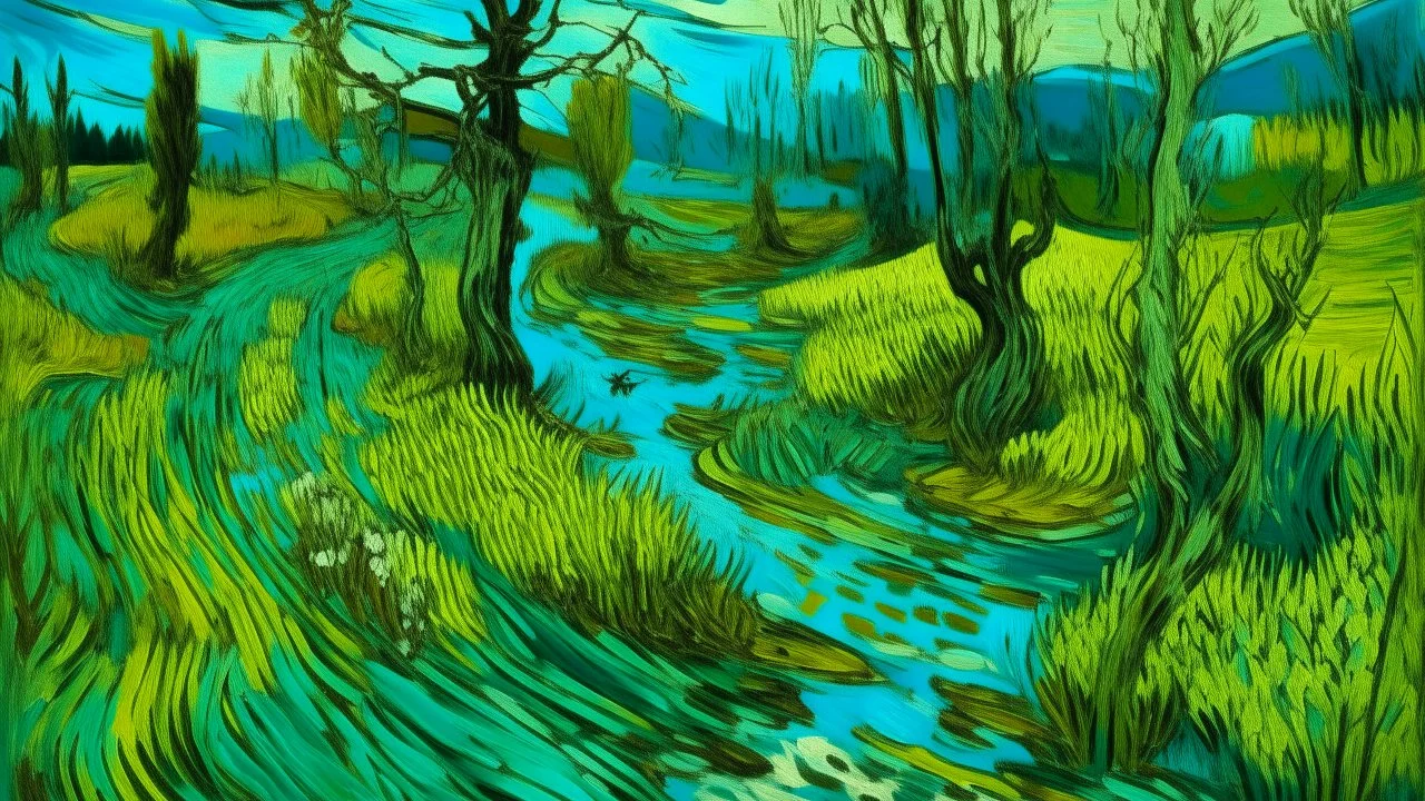 A greenish blue poisonous wasteland with a swamp painted by Vincent van Gogh