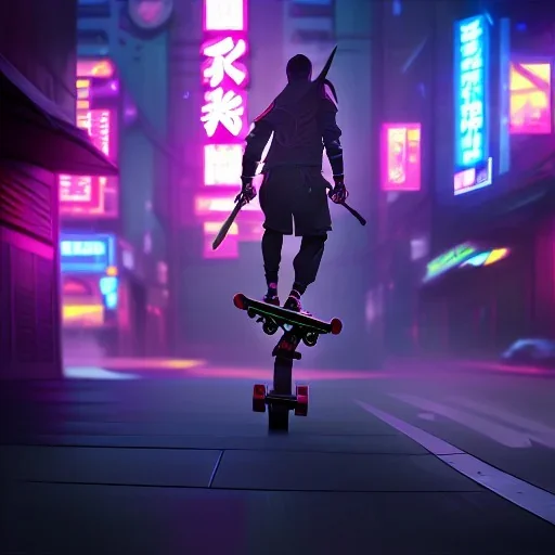 photo of a ninja riding a skateboard; in an alternate universe in tokyo; cyberpunk; realistic; rain; neon signs