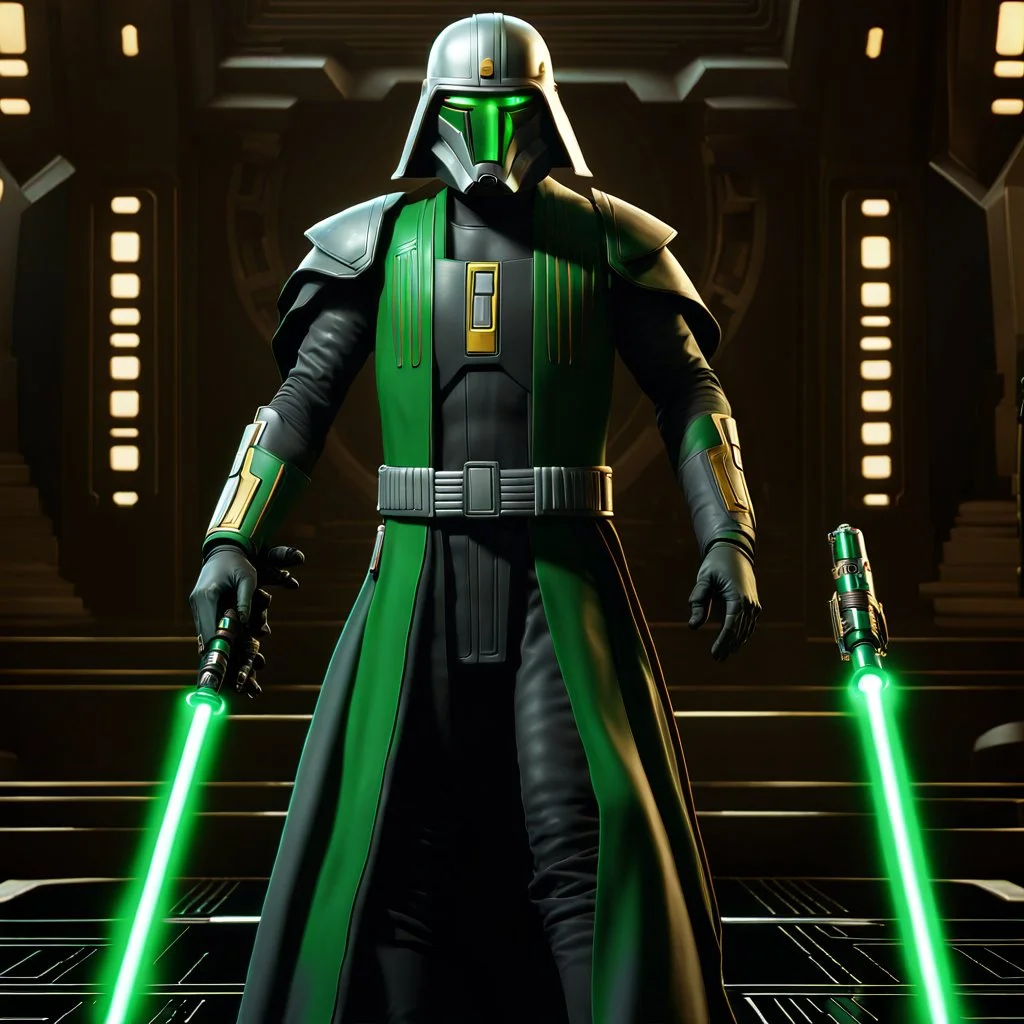 star wars bald male corellian jedi pilot wearing gunmetal grey and black old republic armored robes with gold trim inside the jedi temple holding a lightsaber with viridian green blade in left hand, centered head and shoulders portrait, hyperdetailed, dynamic lighting, hyperdetailed background, 8k resolution, volumetric lighting, light skin, fully symmetric details