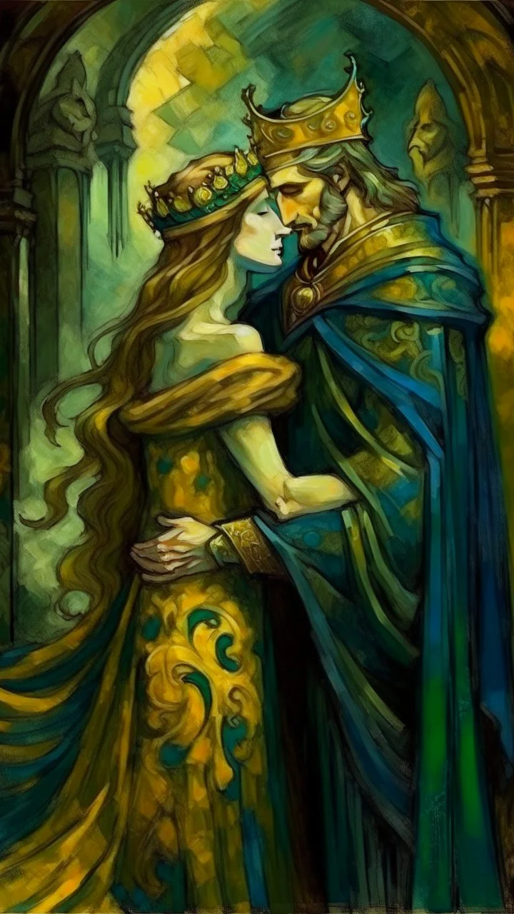 Side profile of an ancient King with her aspirations behind her standing . Holding her man hugging with love and romance,Opulent Van Gohn style painting, Busch painting style nightmare