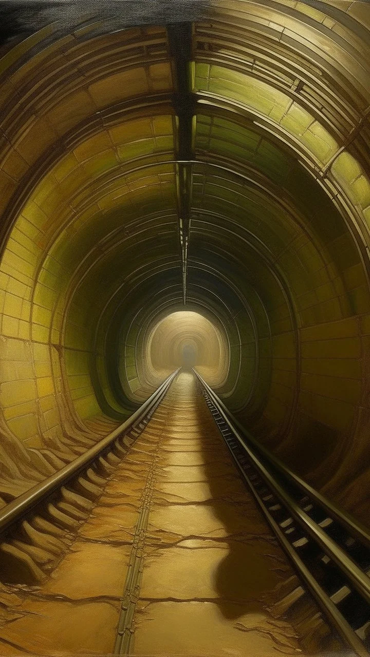 A tan underground tunnel with twists and turns painted by Birge Harrison