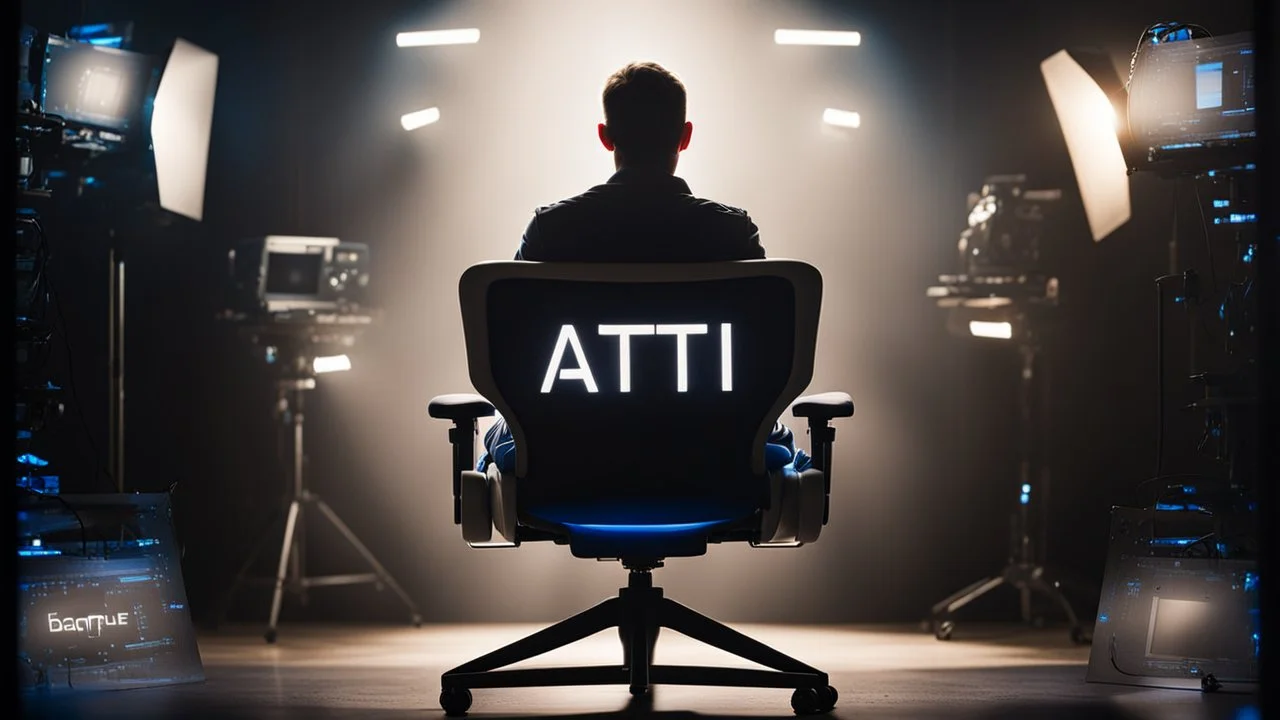 photo from a producer's chair in a futuristic studio with many monitors and one windows to the deep space,, the inscription capture word text on the back of the chair "Barbi", Professional photography, bokeh, natural lighting, canon lens, shot on dslr 64 megapixels sharp focus , blue-white lights