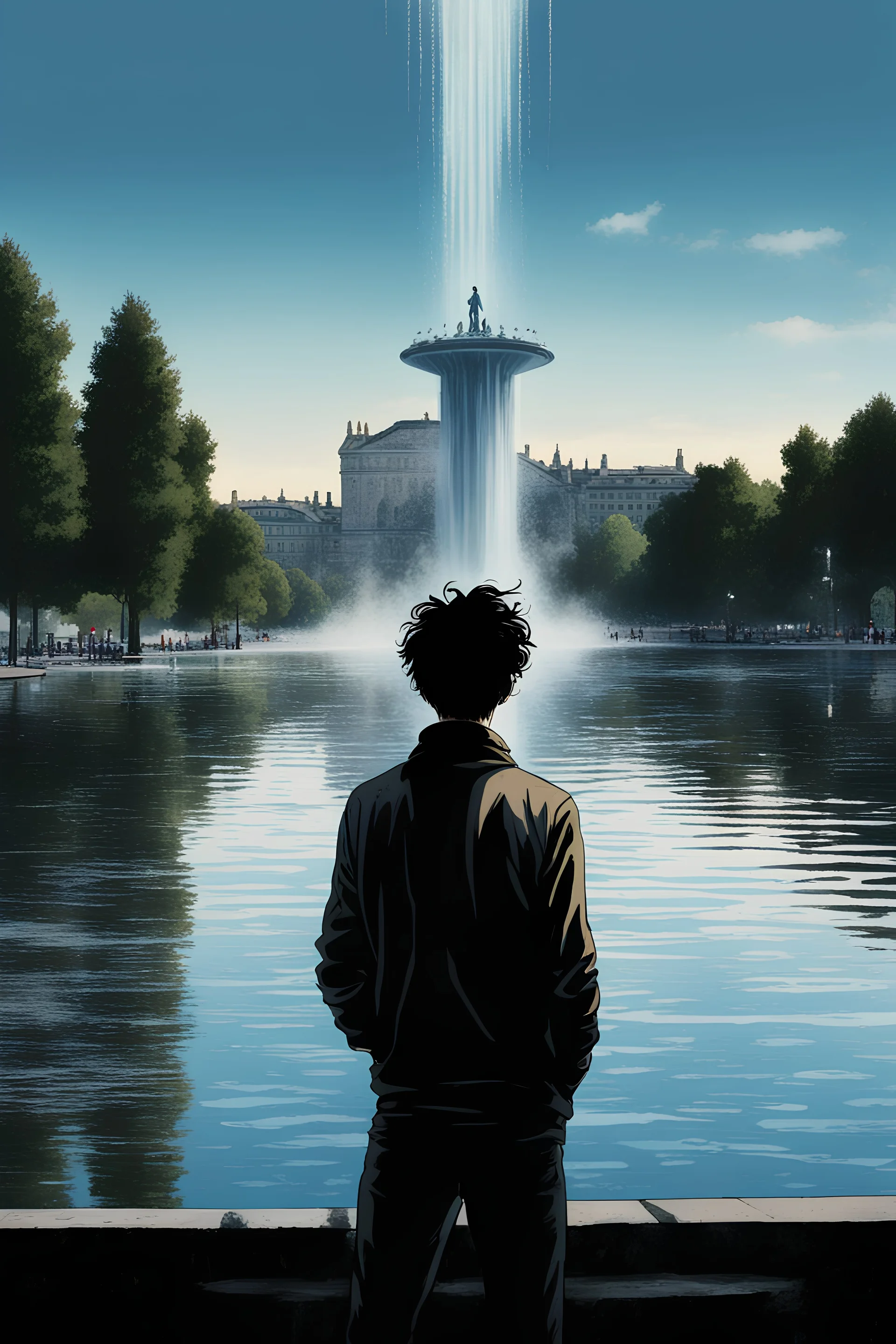 Art poster for a book about the city of Geneva with its large fountain, 'Jet d'Eau', in the background. Dystopian fiction. No words. A 20 year old male is standing by the lake. He has dark messy hair.