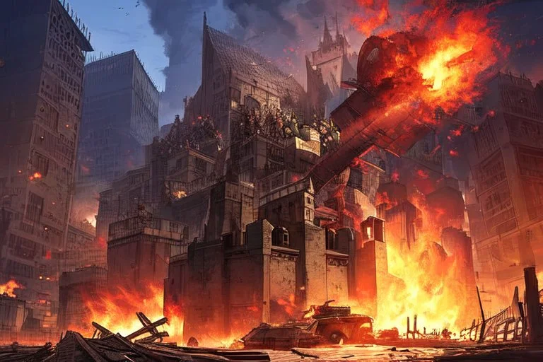 Fortress after a war with buildings blown up set on fire with soldiers putting a flag up