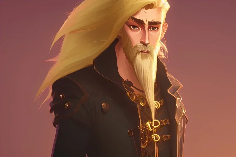 Blonde braided long haired bearded tall man wearing gold rings and long fur trimmed merchant's coat, dark background, dynamic lighting, full body character design, golden glowing eyes