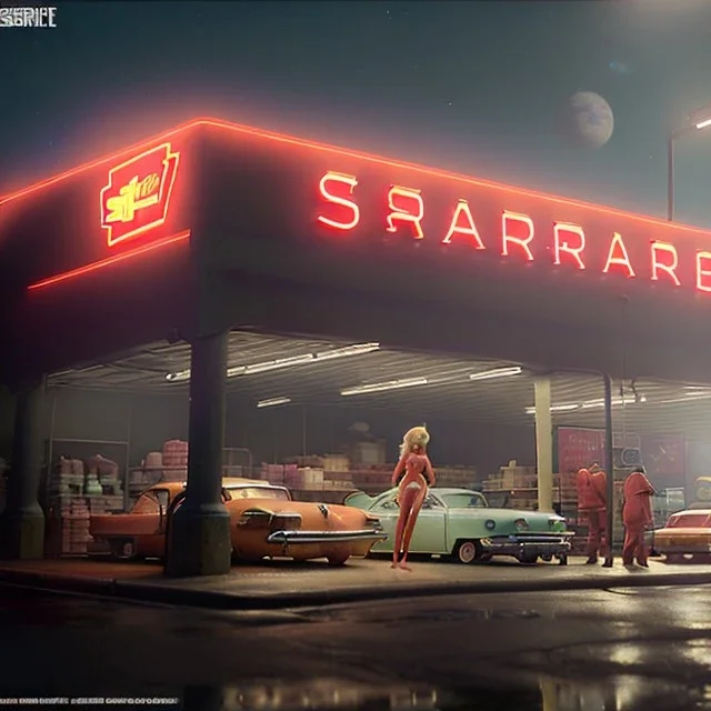 Ultra Realistic retro sci-fi afire Supermarket parking scene, 1960 year. blonde woman, sweet scarlet Johansson face, perfect iris, glow eyes, face makeup, tight latex coat; many panic people looking, Retro sci-fi style, soft color, highly detailed, unreal engine 5, ray tracing, RTX, lumen lighting, ultra detail, volumetric lighting, 3d, finely drawn, high definition, high resolution.