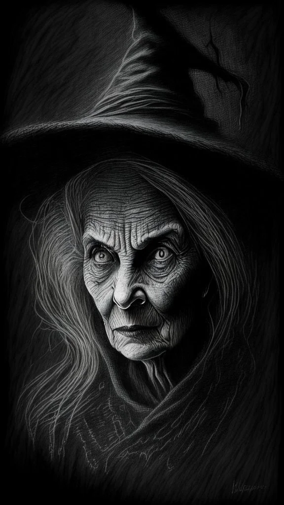 pencil drawing of old witch, Spooky, scary, halloween, black paper