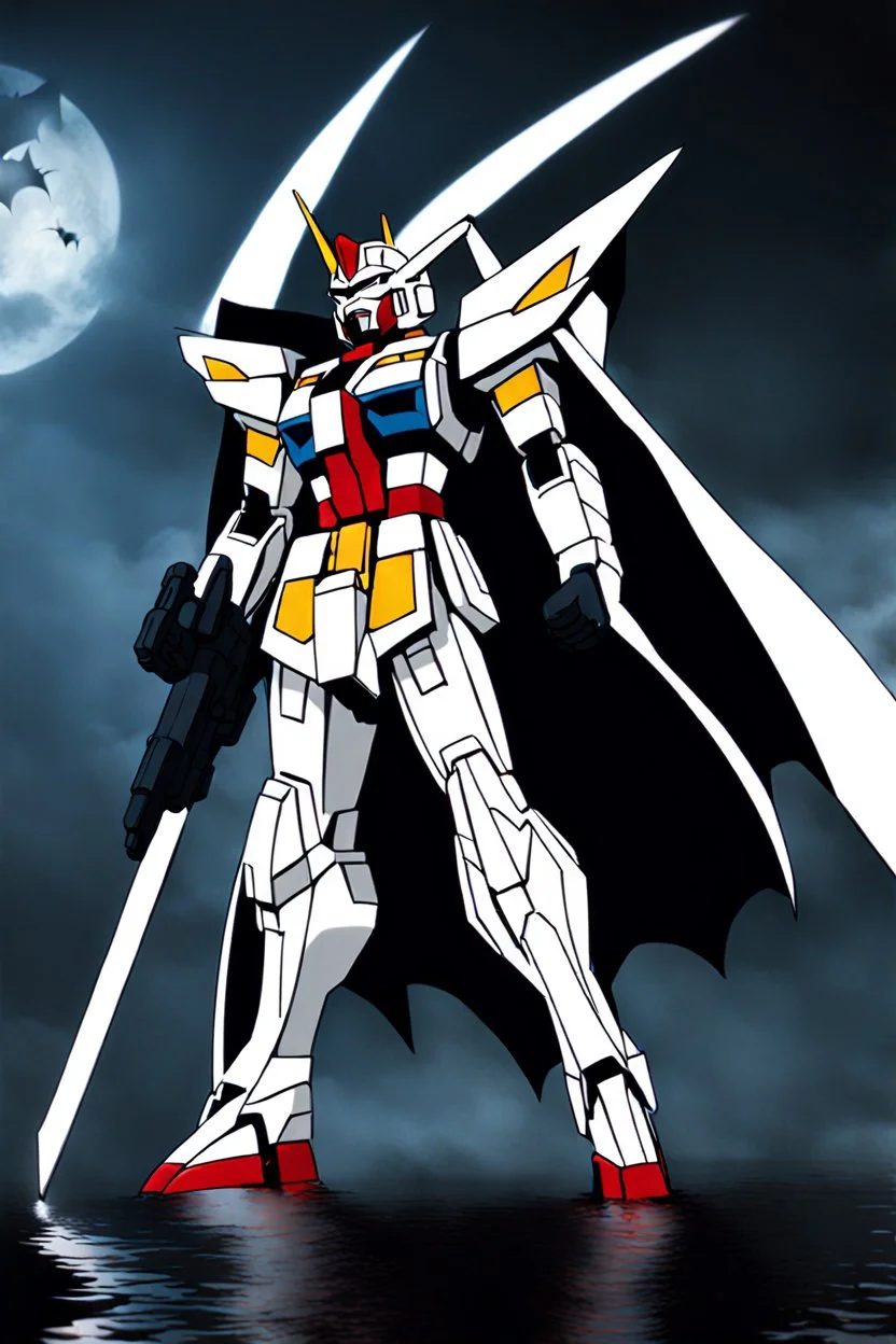 Gundam inspired by Batman. Flowing cape. Action pose. 1080p. Photograph.