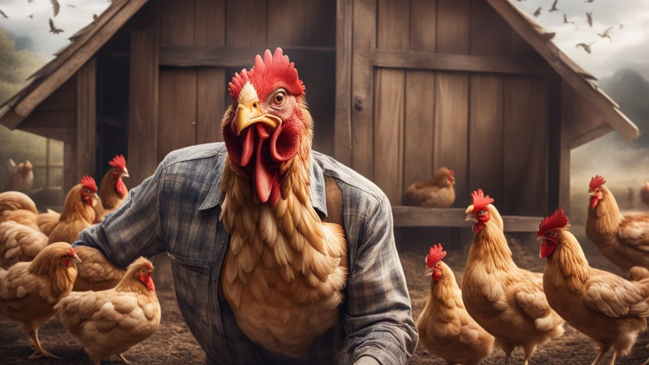 Hyper Realistic a chicken is attacking on a handsome farmer from its peak inside a chicken coop with scared expressions on farmer's face few haystacks behind & feathers whirling showing dramatic & cinematic ambiance