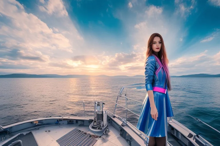 half body shot,realistic portrait of a 20-25 old caucasian model, long blue pink flowing hair, great grey eyes, blue leather jacket,full body, short white skirt,long legs,standing on deck of very big ship, beach of very nice lake with sunset ,clouds,godrayes