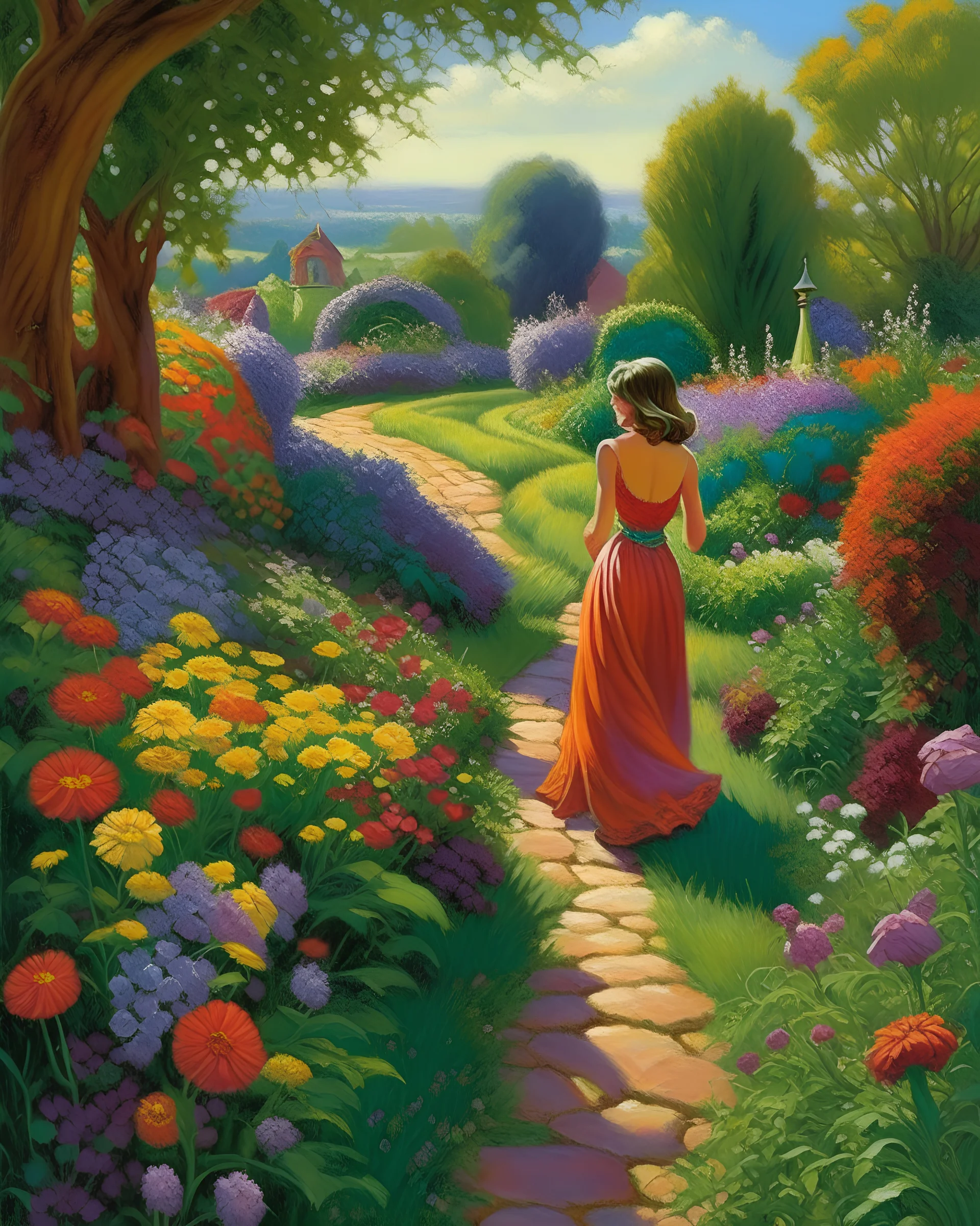 A winding path in a beautiful garden, embellished with colorful flowers and neatly trimmed hedges. A woman in a flowing dress walks gracefully along the path, her arms outstretched, as if embracing the beauty and harmony of nature