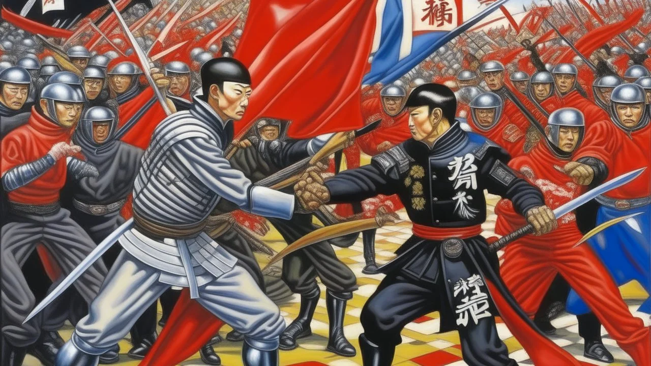 An oil painting by Kuniyoshi and Hajime Sorayama of a fight between androids with anarchist flags and human fascists.