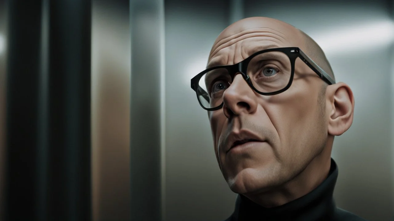 A striking, photorealistic portrait of Chris, a middle-aged european man with a slightly shaven head , wearing black square glasses, black shirta and makes a scared face. The background reveals a futuristic neon light, designed with modern, sleek lines and advanced technology. The overall ambiance gives off a sense of professionalism and cutting-edge innovation., photohigh detalied, sharp focus, professional photo