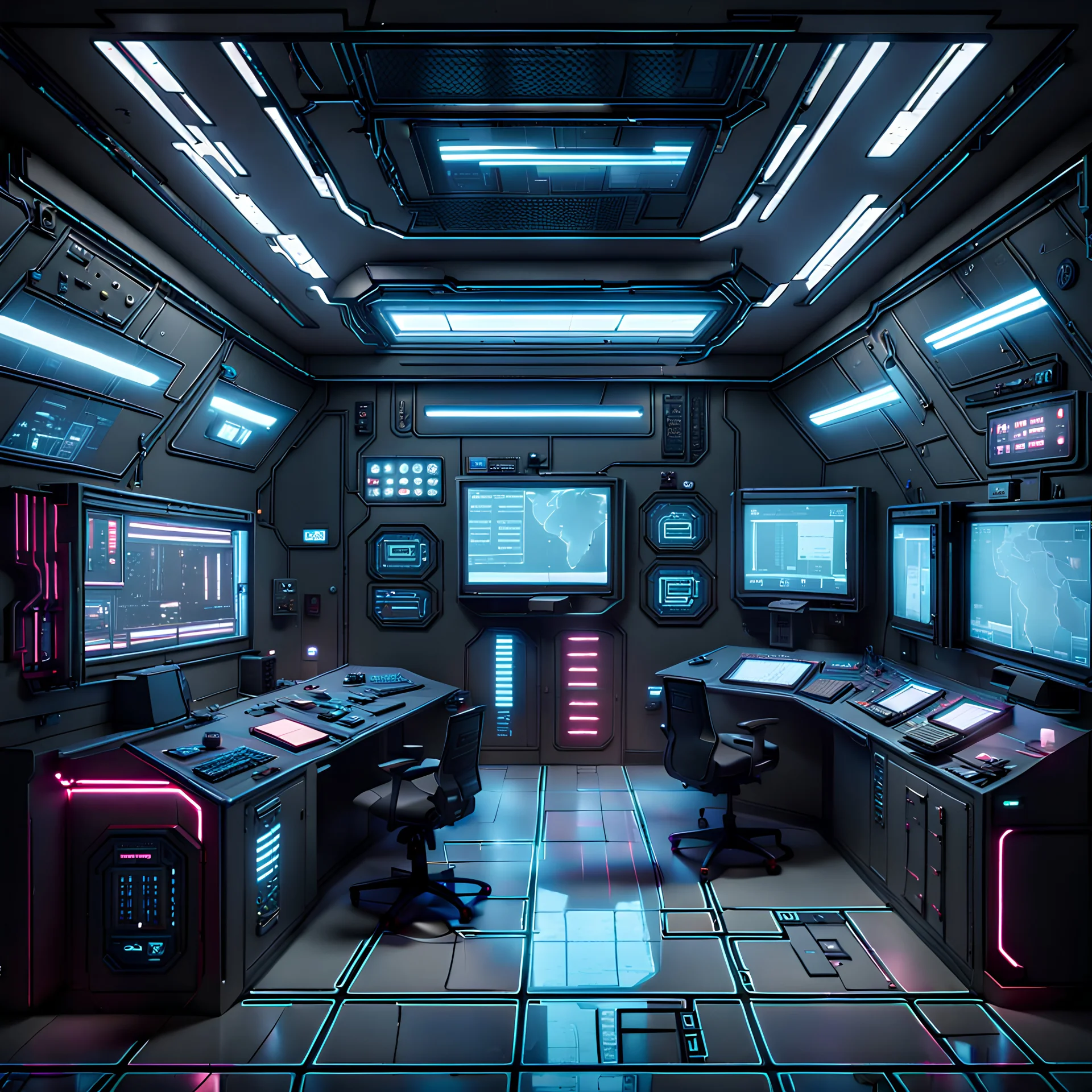 cyberpunk control and command center, simple design, clean layout, clear floor, tiled ceiling, simple ceiling, empty floor, empty ceiling