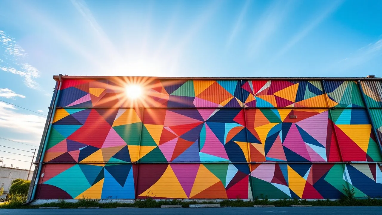 A colorful geometric mural on an industrial building facade, detailed with various shapes and colors, with a radiant blue sky illuminated by the afternoon sun.