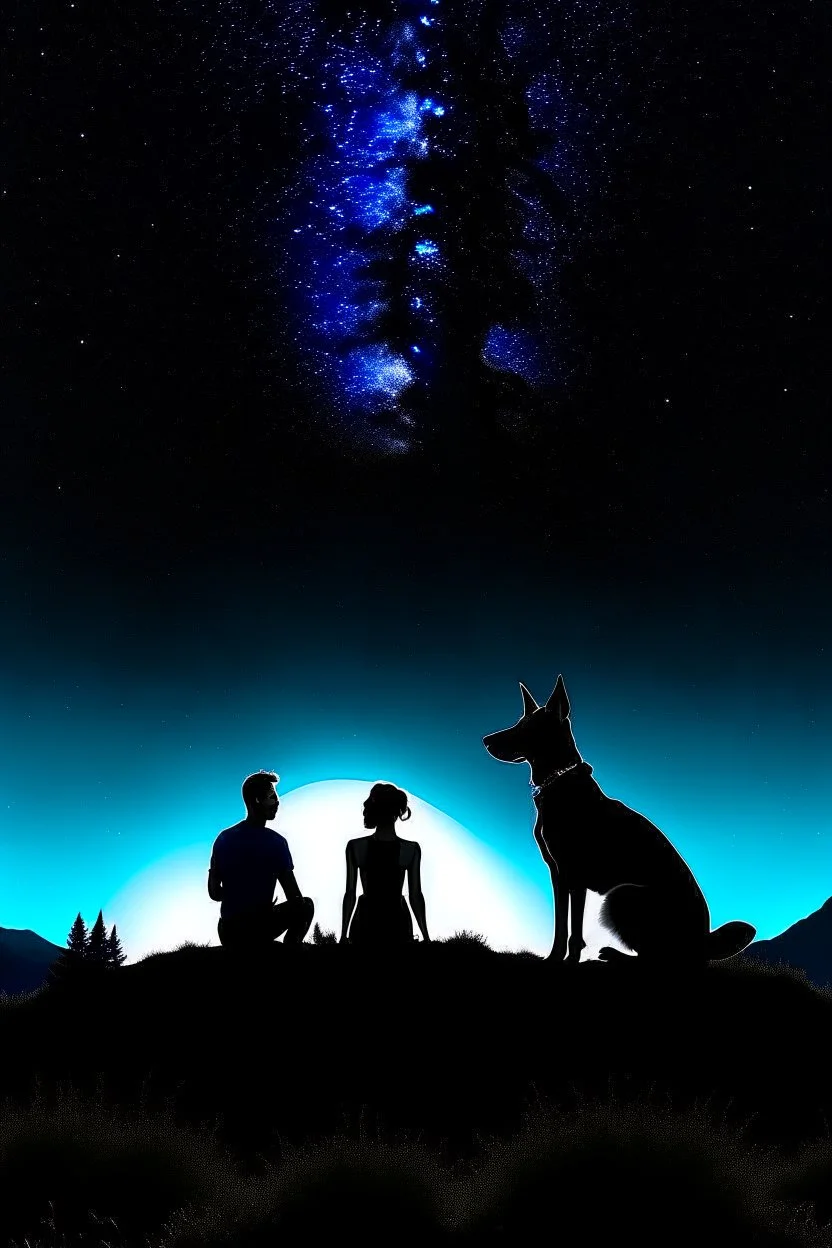 black background on a mountaintop and three silhouettes a fit man,a fit woman, and a Belgian malinois sitting next to the men and the woman looking at the stars