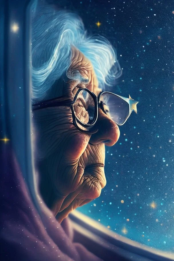 grandma soul , with background star field seen in the window of a boat, 4 k, trending art, depth of field, in the style of gorillaz