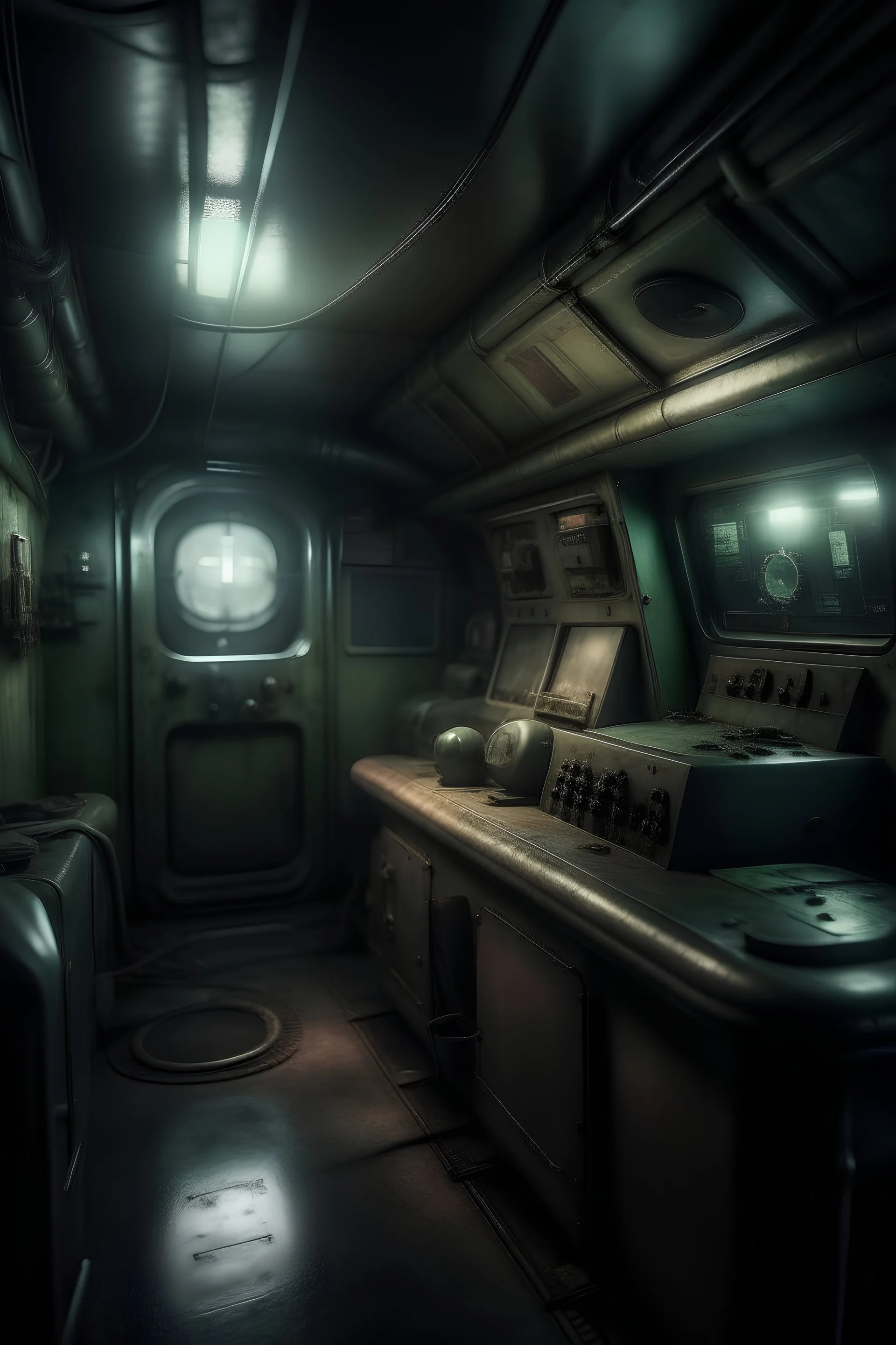 a look from the inside of a submarine noir, hyper realism, photo realism, realistic lighting, realistic color grading