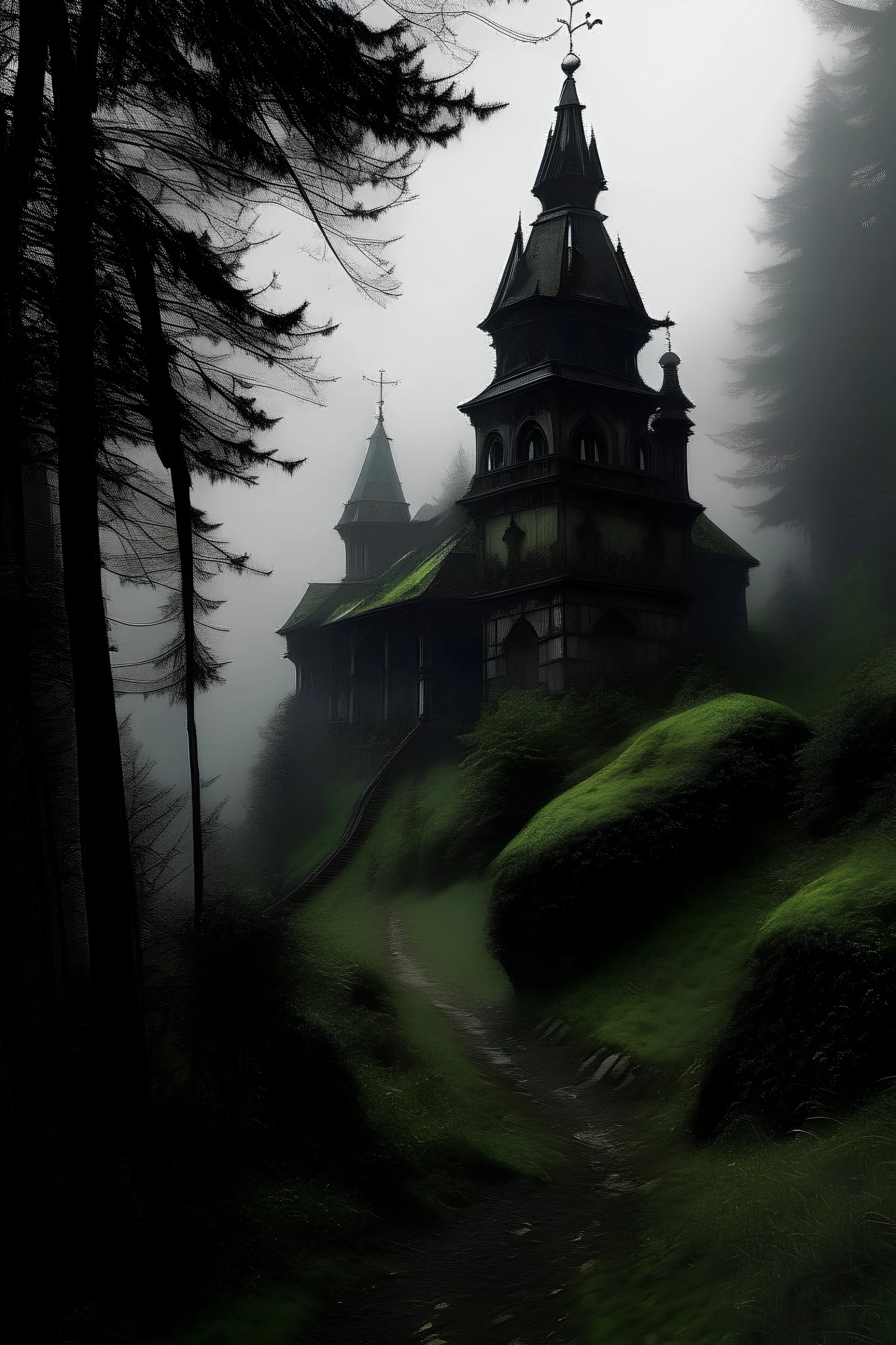 Scary black ¨monastery surrounded by a thick forest and fog