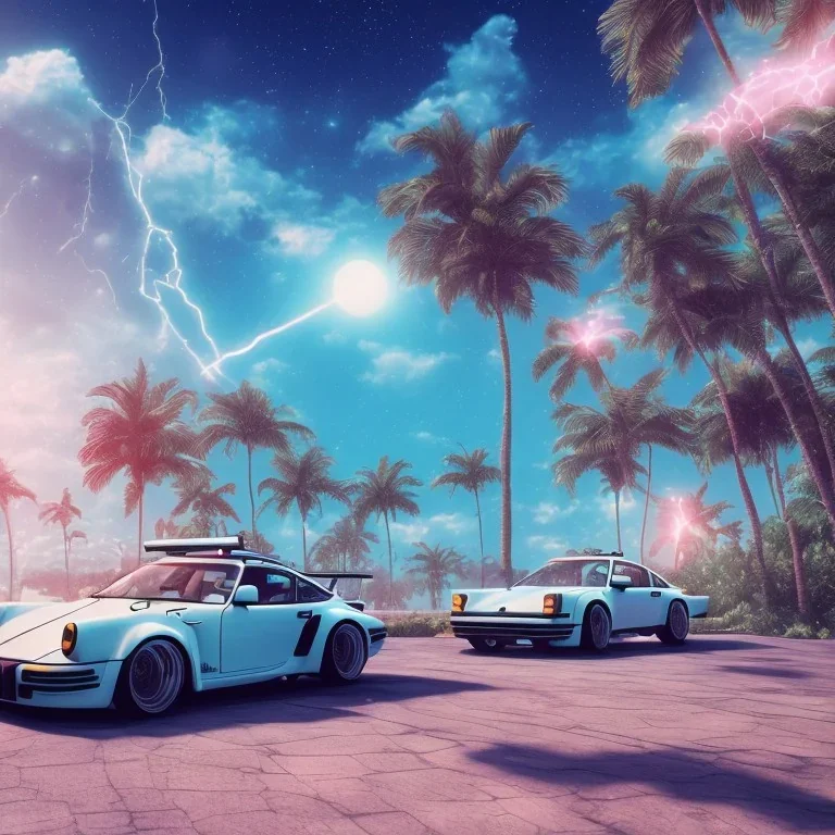 1980's aesthetic vaporwave palm trees and spheres and Porsche with lightning