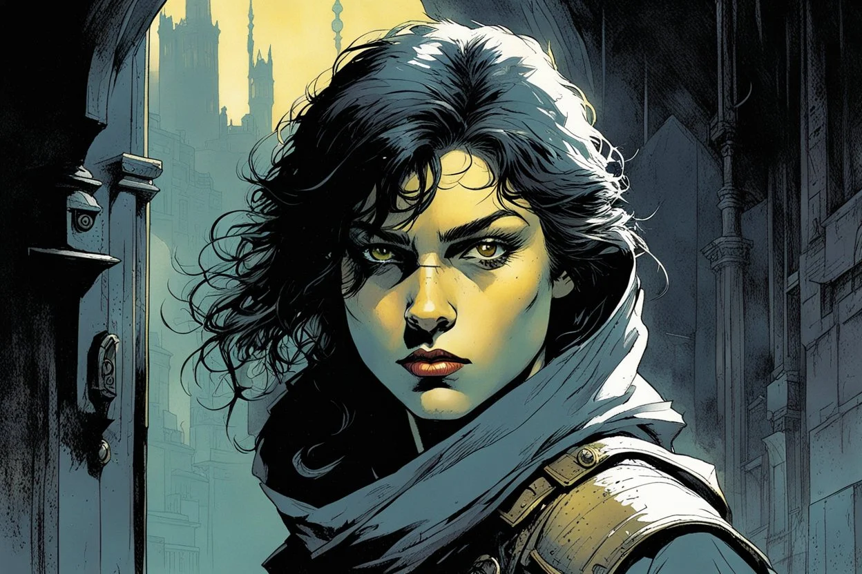 create a young female thief, Grey Mouser, Ill met in lankhmar in the comic book art style of Mike Mignola, Bill Sienkiewicz and Jean Giraud Moebius, , highly detailed facial features, grainy, gritty textures, foreboding, dramatic otherworldly and ethereal lighting