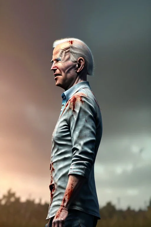 realistic image, joe biden zombie, severed arm, night, walking twisted, waist up view, 80s, dark ambient, highly detailed, sky background, concept art, unreal engine 5, god rays, ray tracing, RTX, lumen lighting, ultra detail, volumetric lighting, 3d, finely drawn, high definition, high resolution.