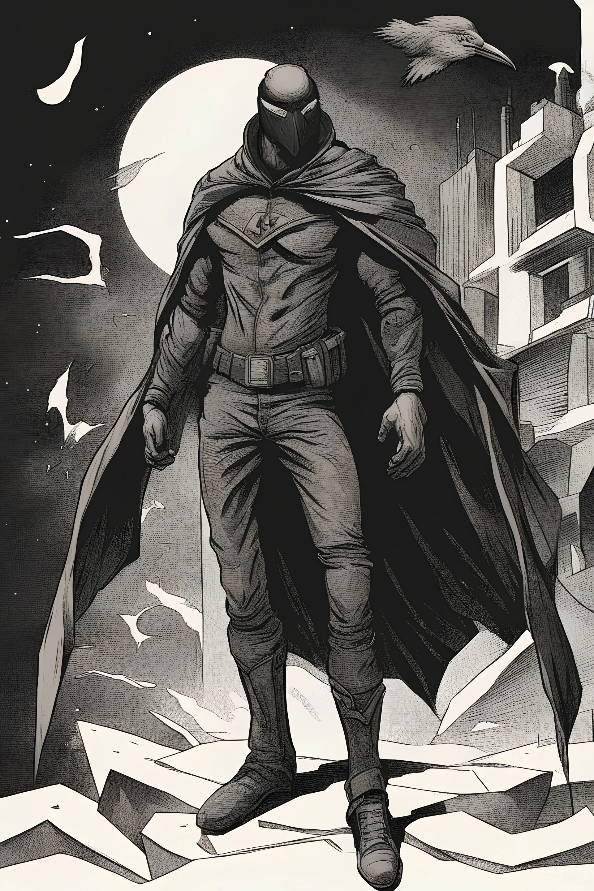 A humanoid superhero, figure with a raven mask, a cloak,