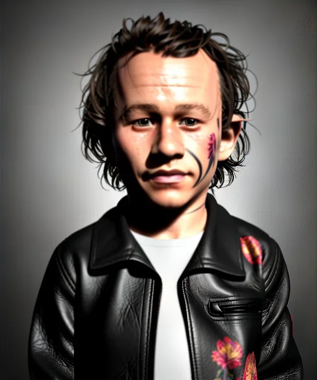 Heath ledger toddler, full body, sneaker, leather jacket, floral shirt, soft skin, dramatic lighting, hyper realistic