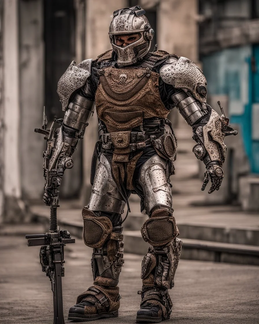 A brave iranian warrior with leather and metal combat clothes robotic metal