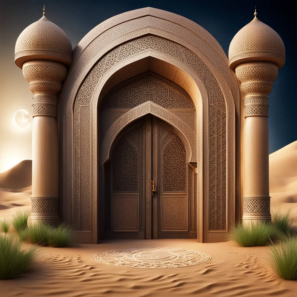 Hyper Realistic Photographic-Center-View of Detailed-Crafted-Islamic-Architectural-Arche-&-Door with stars & a-half-moon with grass-patches-whirling-on-sand-land showing dramatic & cinematic ambiance.