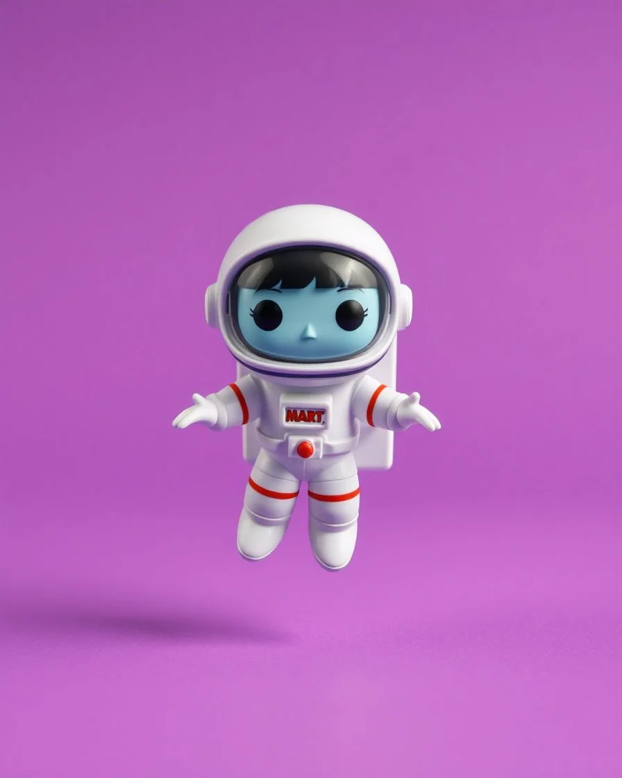 pop mart's space molly cosmonaut figurine, floating on solid background color