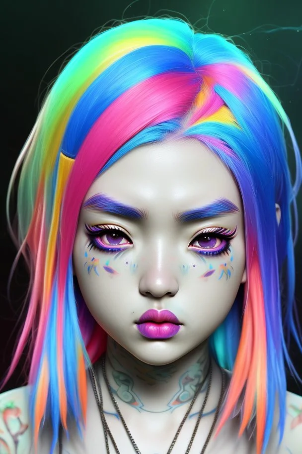 asian billie elish with rainbow hair, epic colour treatment, cinematic colour treatment, meticulously intricate perfectly symmetrical extremely detailed, pixiv daily ranking, pixiv, extreme depth of field, artstation, spectacular details, volumetric lighting, masterpiece, cinematic, Hollywood production, 8k resolution, high definition, max octane render, vivid colors, max resolution, max perfectionism, realistic composition, professional photography, unre